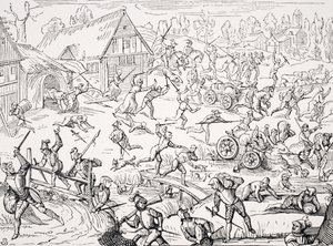 Ein Dorf von Soldaten geplündert, Kopie eines Holzschnitts aus Hamelmanns 
